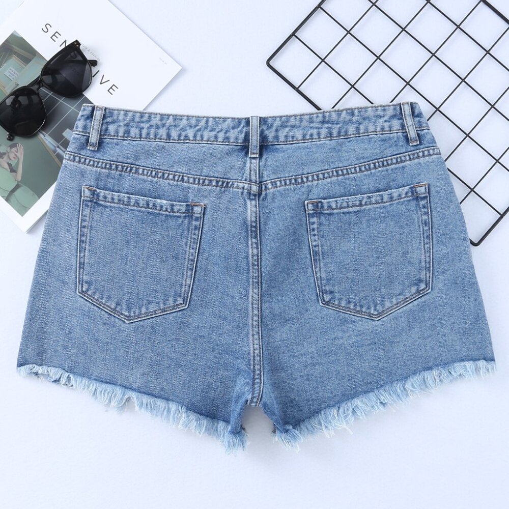 B235 Sky Blue High Rise Crossover Waist Denim Shorts - Picture 5 of 11